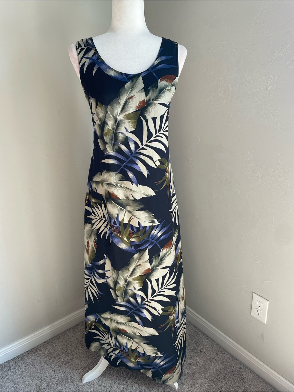 Tommy Bahama Navy Tropical Leaf Maxi Shift Dress 100% Silk